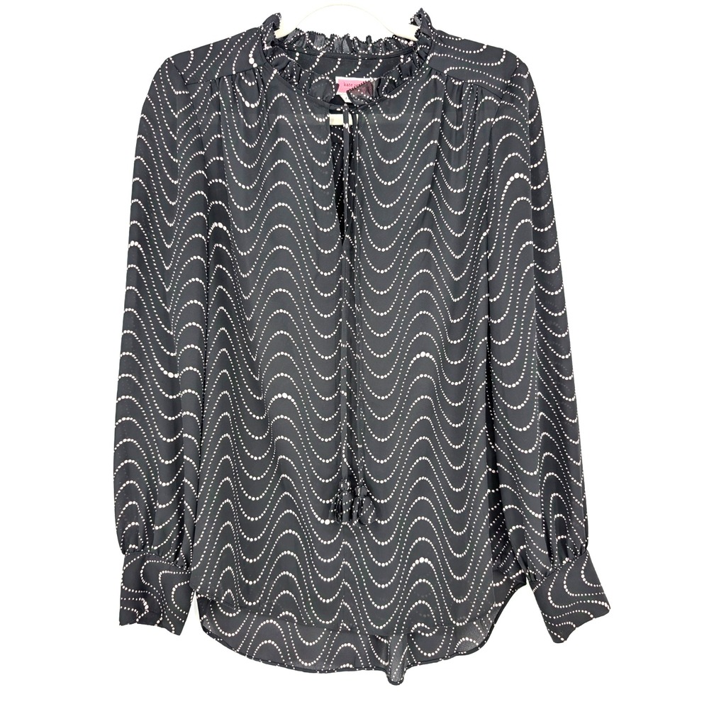 Kate Spade Black Ruffle Neck Polka Dot Wave Chiffon Blouse Small Parisian Chic